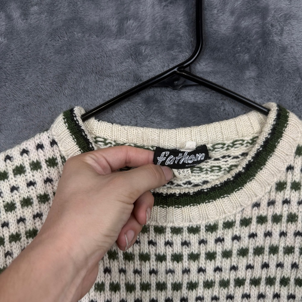 Fathom Sweater Mens L White Green Wool Blend Nordic Knit Crew Neck Vintage - Picture 4 of 7